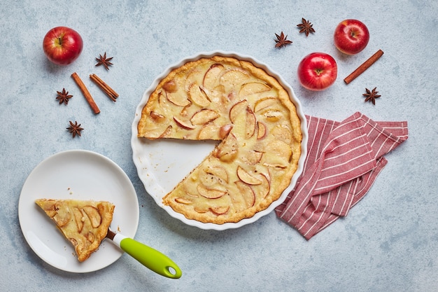 Фото Домашний яблочный пирог со сметанной начинкой на светлом фоне, вид сверху