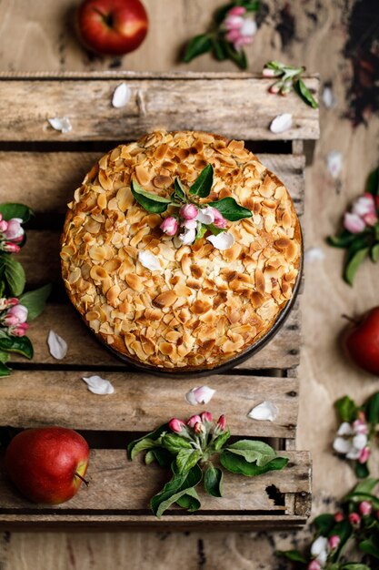 Homemade apple pie on a wooden table