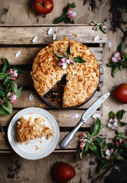 Homemade apple pie on a wooden table