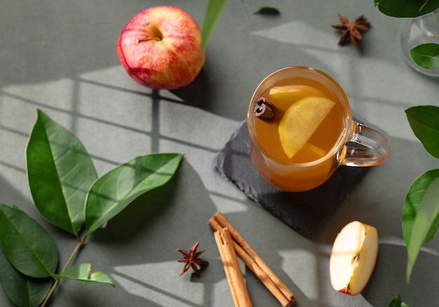 Homemade apple punch with fresh apples cinnamon and spices in cup on a green background with fresh fruits branch and morning shadows