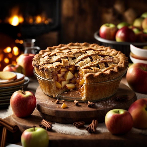 Photo homemade autumn apple pies top view table scene with a rustic wood background generative ai