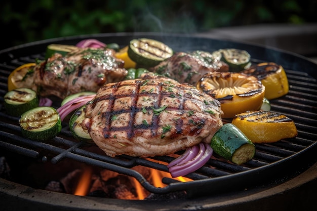 Homemade backyard grill used to create grilled chicken and vegetables Generative AI