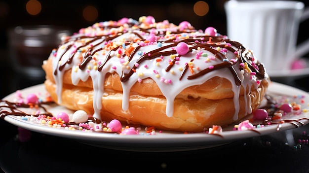 Homemade baked pastry item with icing and multi colored sprinkles