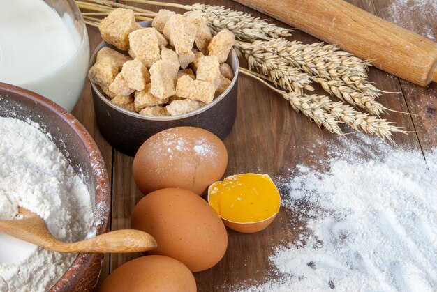 Homemade baking background, with baking ingredients. On a wooden background, top view