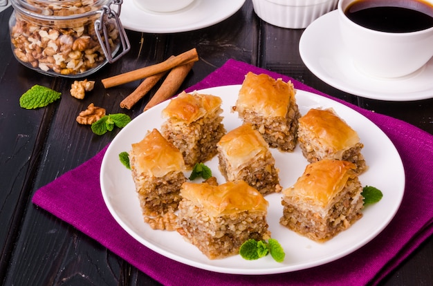 Homemade baklava with filo dough and walnuts in honey and sugar\
syrup. turkish cuisine.