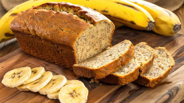 Photo homemade banana bread on rustic wooden table