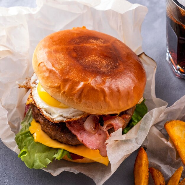 Homemade beef burger with fried bacon egg and cheese Closeup