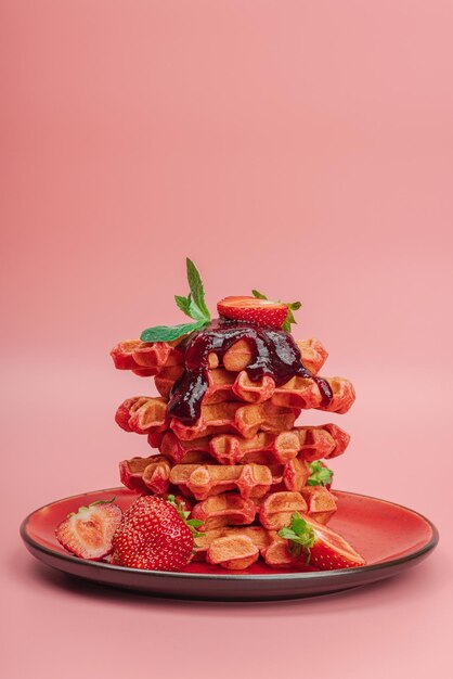 Photo homemade belgian waffles with strawberries glutenfree red dessert fresh fruits and basil sweet sauce trendy pink background copy space