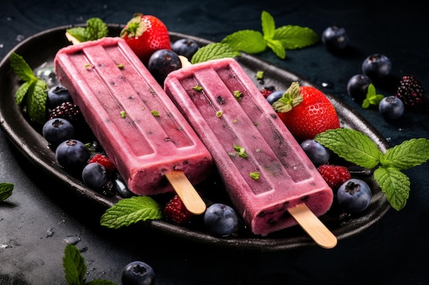Homemade berry ice cream or popsicles decorated green mint leaves on table Frozen fruit juice Generative AI illustration