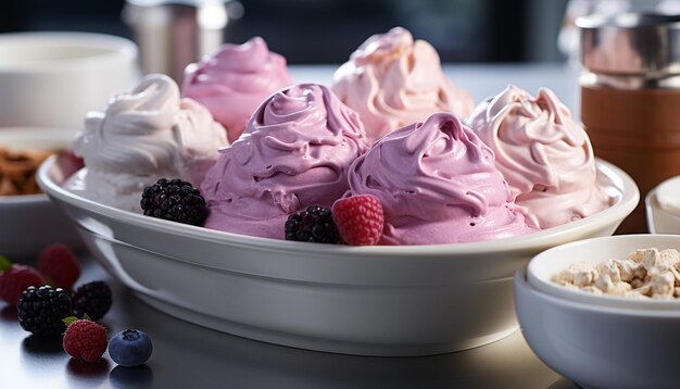 Homemade berry yogurt a refreshing summer indulgence with whipped cream generated by artificial intelligence