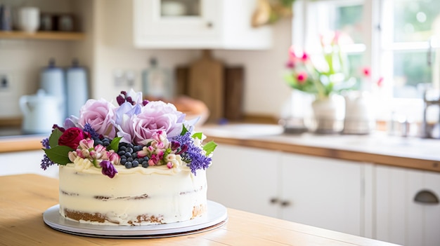Домашний праздничный торт в английском загородном доме, коттедже, кухне, рецепте еды и праздничной выпечки, вдохновение