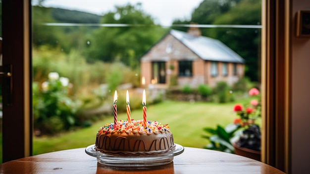 イギリスの田舎の家のコテージキッチンの食べ物と休日のベーキングレシピのインスピレーションで自家製の誕生日ケーキ
