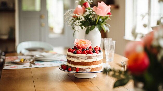 イギリスの田舎の家のコテージキッチンの食べ物と休日のベーキングレシピのインスピレーションで自家製の誕生日ケーキ