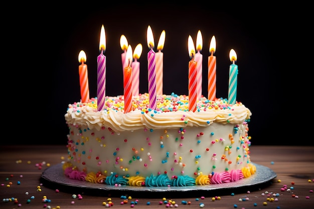 Homemade birthday cake with lit up candles