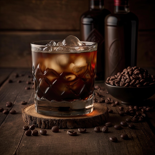 Homemade Black Russian Cocktail with Vodka and Coffee Liquor and coffee beans