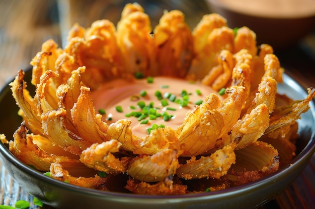 Homemade Blooming Onion with Dipping Sauce Epicure Crispy Fried Onion Flower Snack and Meal