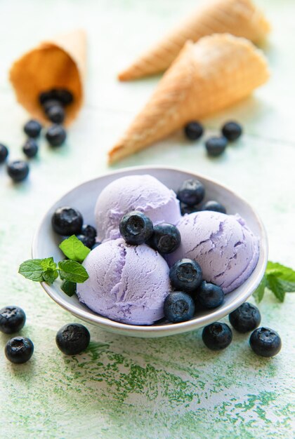 Homemade blueberry ice cream with fresh blueberries