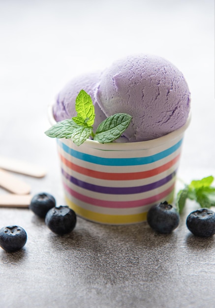 Homemade blueberry ice cream with fresh blueberries