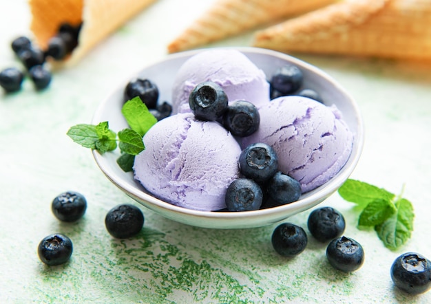 Homemade blueberry ice cream with fresh blueberries