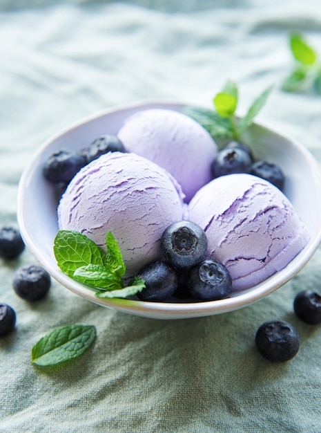 Homemade blueberry ice cream with fresh blueberries