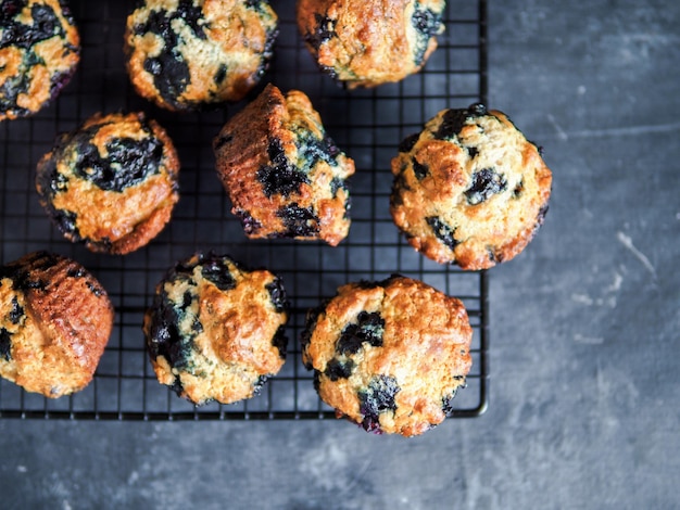 Homemade blueberry muffins on dark background