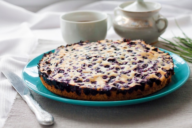 Homemade blueberry pie on blue plate