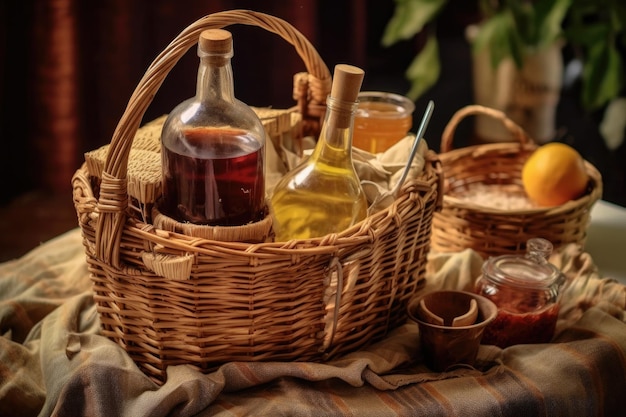 Homemade brandy in a basket with picnic essentials created with generative ai