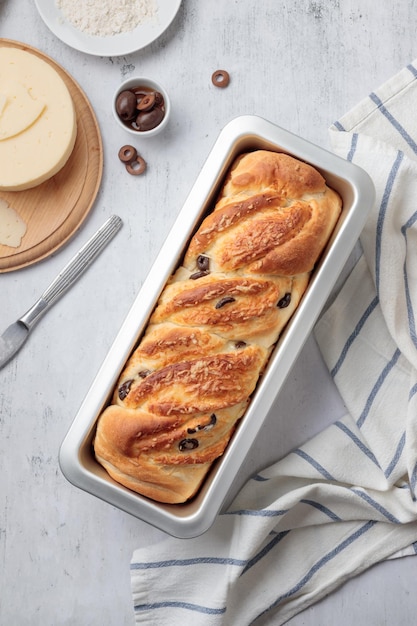 Homemade bread with cheese and olives