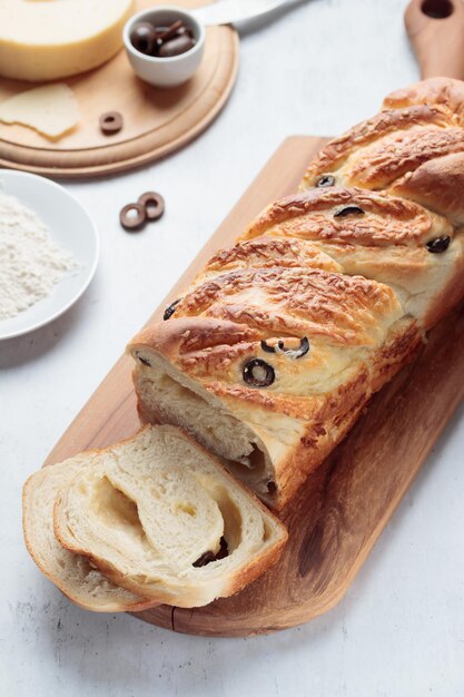 Homemade bread with cheese and olives