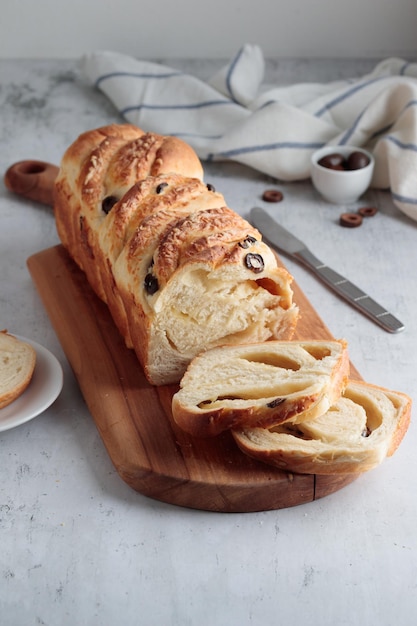 Homemade bread with cheese and olives