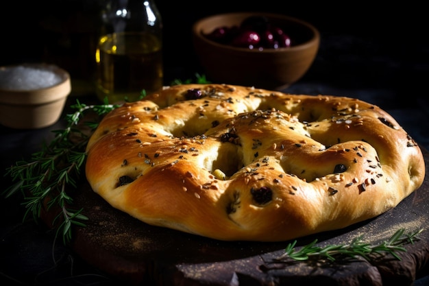 Photo homemade bread with herbs and seeds fresh baked bread on wooden board generate ai