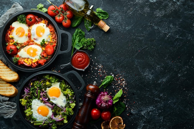 Homemade breakfast shakshuka of fried eggs Arabic traditional cuisine Top view Free space for your text