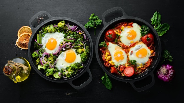 Homemade breakfast shakshuka of fried eggs Arabic traditional cuisine Top view Free space for your text