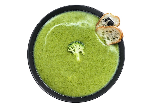 Фото Домашний суп из брокколи со свежим багетом на белом фоне