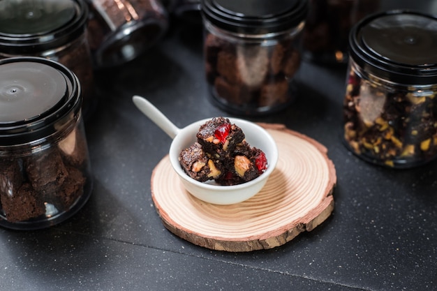 Homemade Brownies served on black table at cafeÃ¢ÂÂ