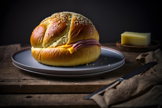 Homemade bun made of cheese and ham for breakfast food photography