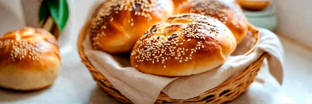 homemade buns with sesame seeds in a basket selective focus