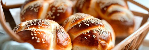 homemade buns with sesame seeds in a basket selective focus