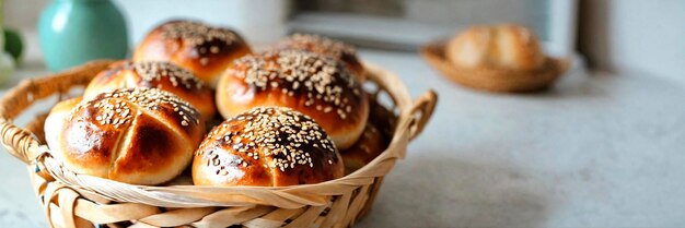 homemade buns with sesame seeds in a basket selective focus
