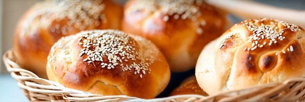 homemade buns with sesame seeds in a basket selective focus