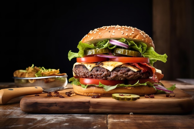 Homemade Burger on a Rustic Cutting Board