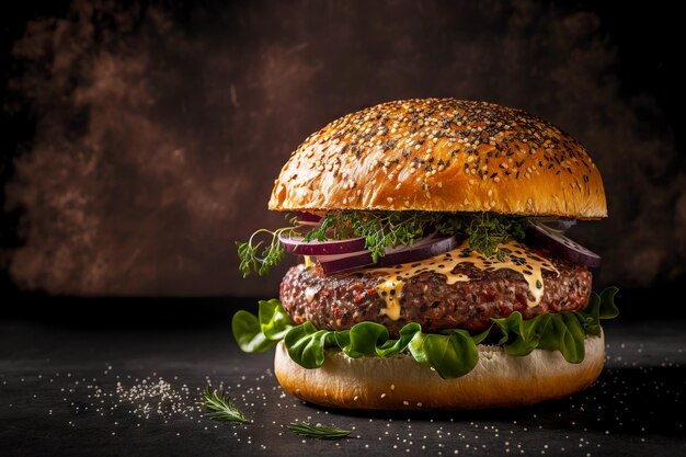 Homemade burger with meat on soft fresh bun with sesame and herbs