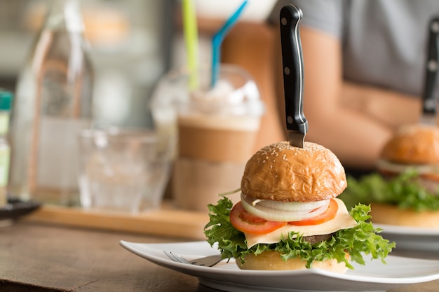 Homemade burger on the wooden table