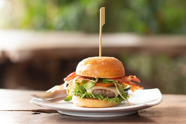 Homemade burger on the wooden table