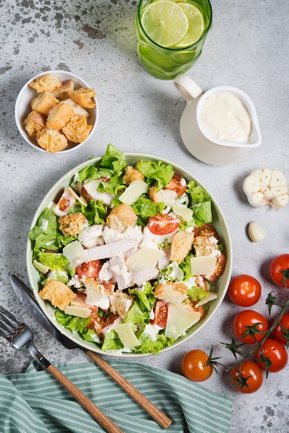 Homemade Caesar salad with chicken and croutons