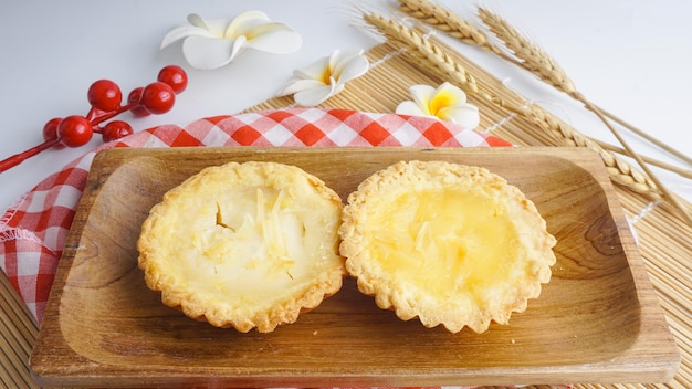 Homemade cake of pie Custard tarts or Pie Susu on wooden plate