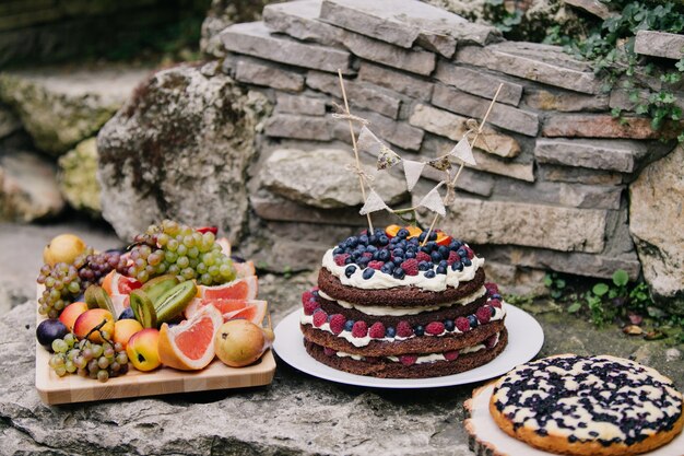 Homemade cake with berries and fruit sliced