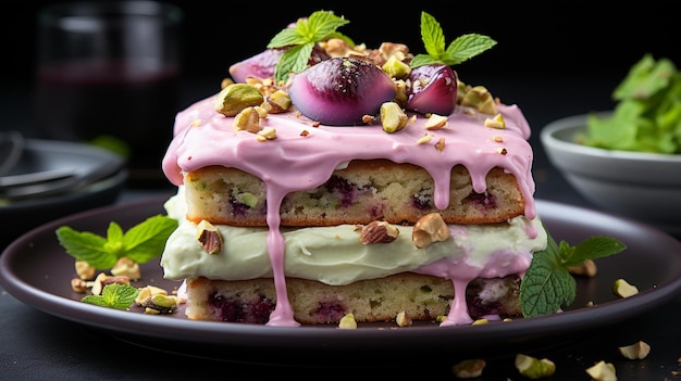 Homemade cake with berry sauce and nuts on a dark background