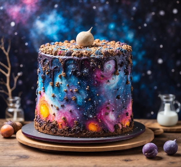 Homemade cake with blueberries and chocolate on a dark background