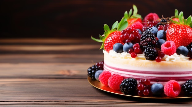 Homemade cake with fresh berries on wooden background High quality photo